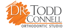Dr. Todd Connell Orthodontics logo with an orange brush‑stroke ‘DR’ and blue and gray text