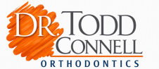 Dr. Todd Connell Orthodontics logo with an orange brush‑stroke ‘DR’ and blue and gray text